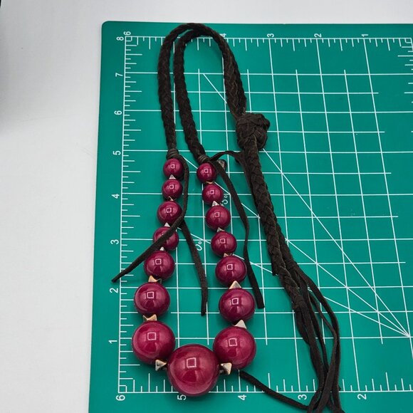 Fossil Braided Brown Cord Necklace With Large Pink Beads & Metal Accents - Picture 6 of 6